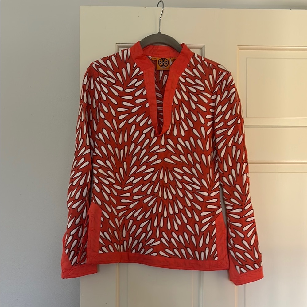 Tory Burch Coral and White Embroidered Long Sleeve Tunic Top